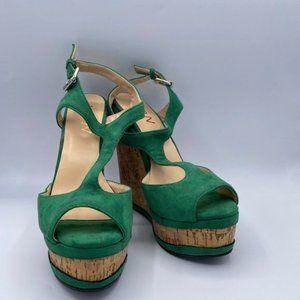 YDN Green T Strap Ankle Wedge Peep Toe Platforms